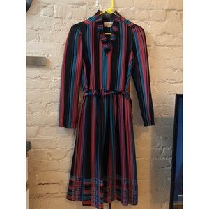 Vintage Colorful Long Sleeve Striped Tie Dress